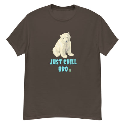 Women's dark chocolate T-Shirt with a printed graphic of a white bear with the words, "Just Chill Bro". Designed by Wizard Prints