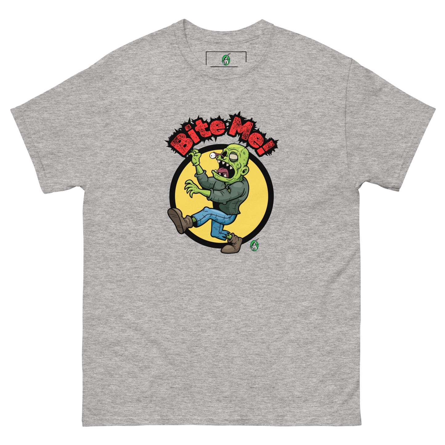 Women's light grey t-shirt with a printed graphic of a zombie with the words, Bite Me'. Designed by Wizard Prints.