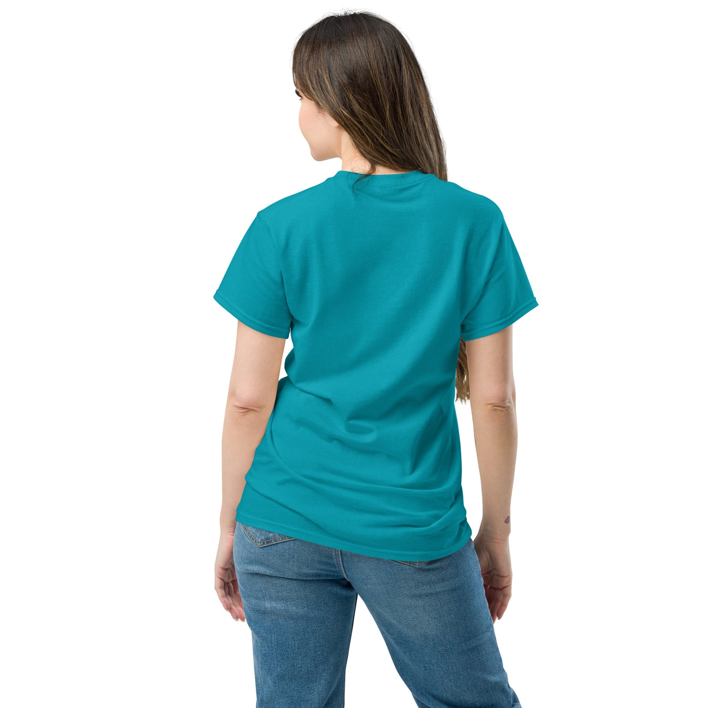 Back view of a women's tropical blue t-shirt by Wizard Prints Shop