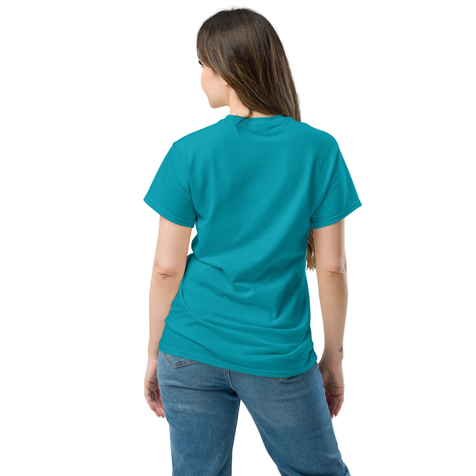 Back view of a women's tropical blue t-shirt by Wizard Prints Shop
