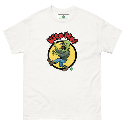 Women's white t-shirt with a printed graphic of a zombie with the words, Bite Me'. Designed by Wizard Prints.