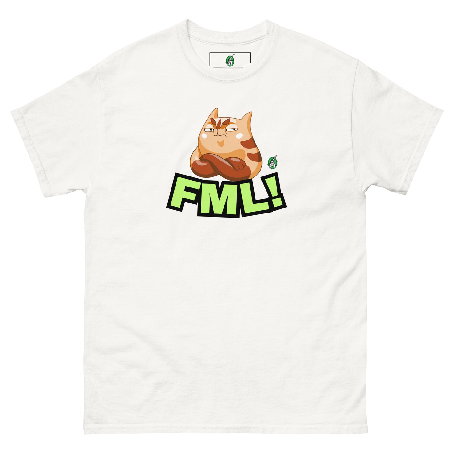 Women's white t-shirt with a printed graphic of a cat with the words, 'FML!'. Designed by Wizard Prints.