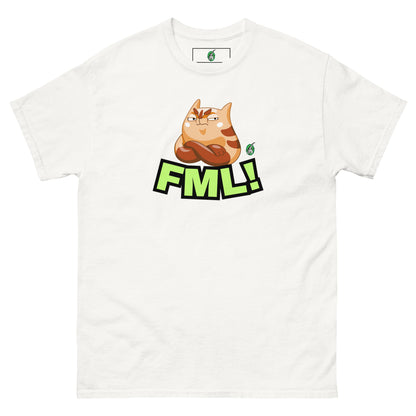 Women's white t-shirt with a printed graphic of a cat with the words, 'FML!'. Designed by Wizard Prints.