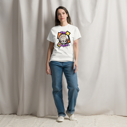 A woman standing and wearing a white t-shirt with a printed graphic of a grumpy cat with the words, 'Too Peopley'. Designed by Wizard Prints.