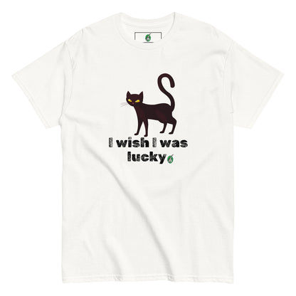 Women's white T-Shirt with a printed graphic of a cat with the words, 'I Wish I Was Lucky'. Designed by Wizard Prints