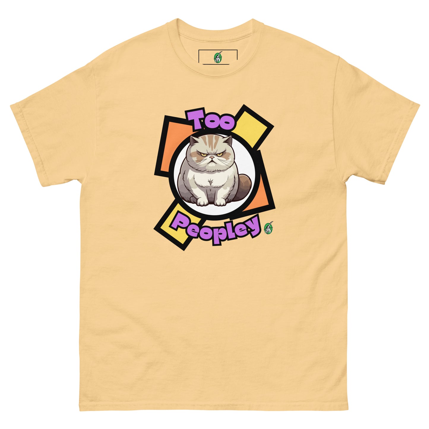 Women's yellow haze t-shirt with a printed graphic of a grumpy cat with the words, 'Too Peopley'. Designed by Wizard Prints.