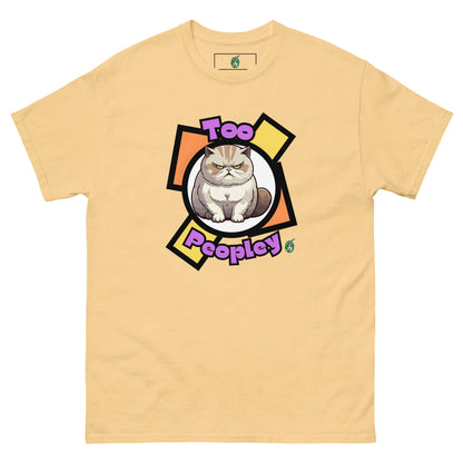 Women's yellow haze t-shirt with a printed graphic of a grumpy cat with the words, 'Too Peopley'. Designed by Wizard Prints.