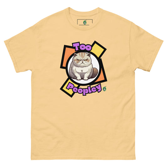 Women's yellow haze t-shirt with a printed graphic of a grumpy cat with the words, 'Too Peopley'. Designed by Wizard Prints.