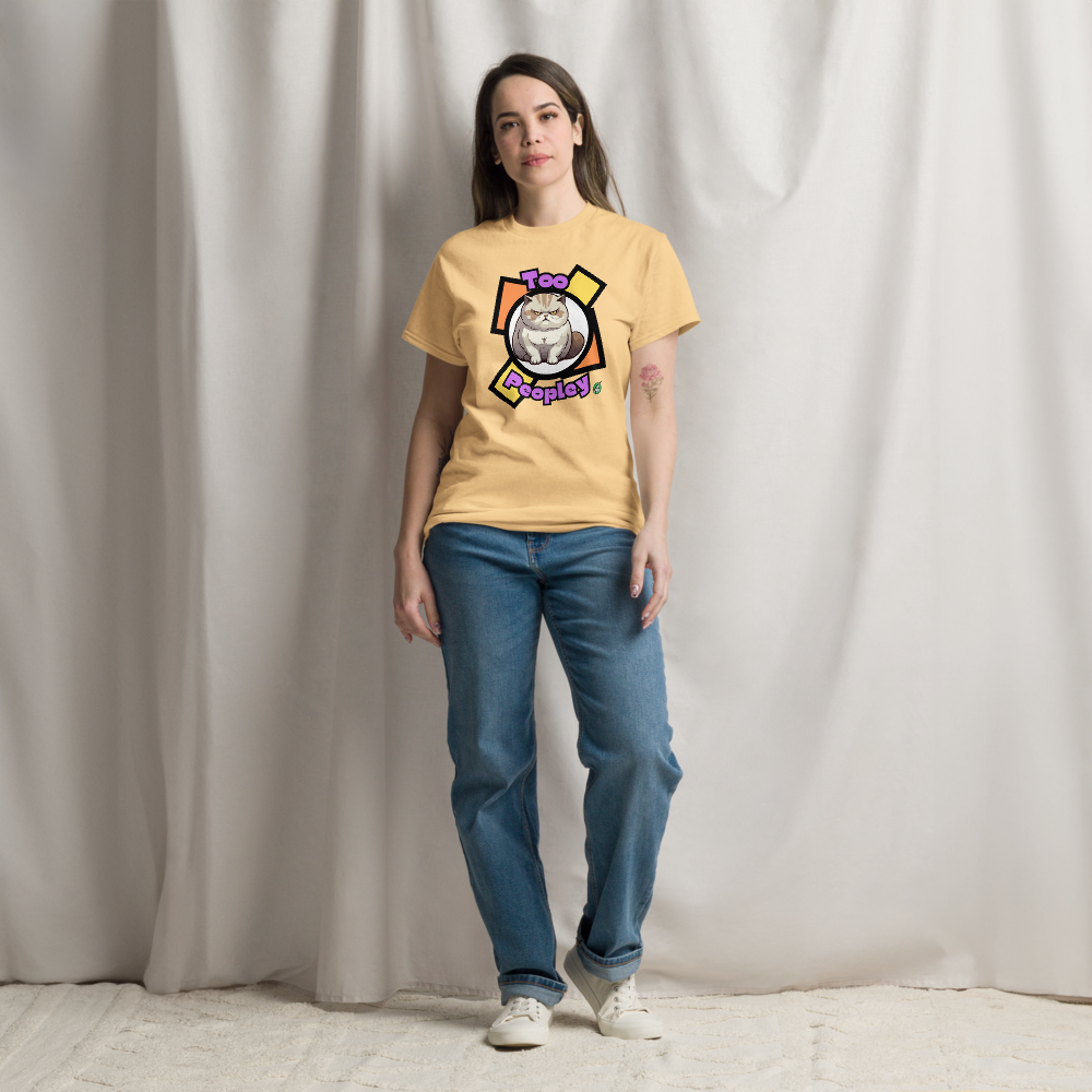 A woman standing wearing a yellow haze T-Shirt with a grumpy cat with the words, 'Too Peopley'. Designed by Wizard Prints