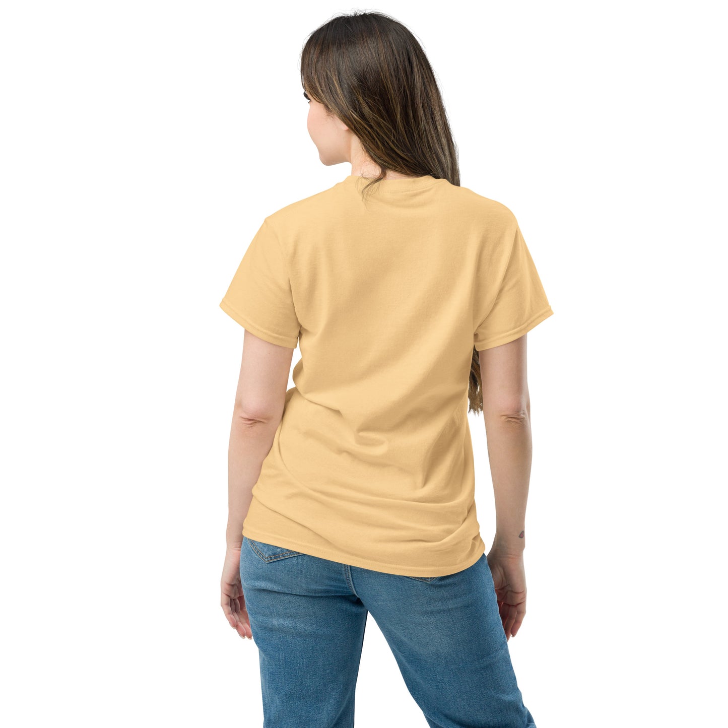 Back view of a women's yellow haze t-shirt by Wizard Prints Shop