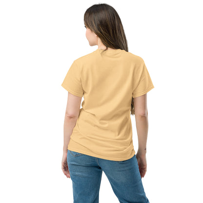 Back view of a women's yellow haze t-shirt by Wizard Prints Shop