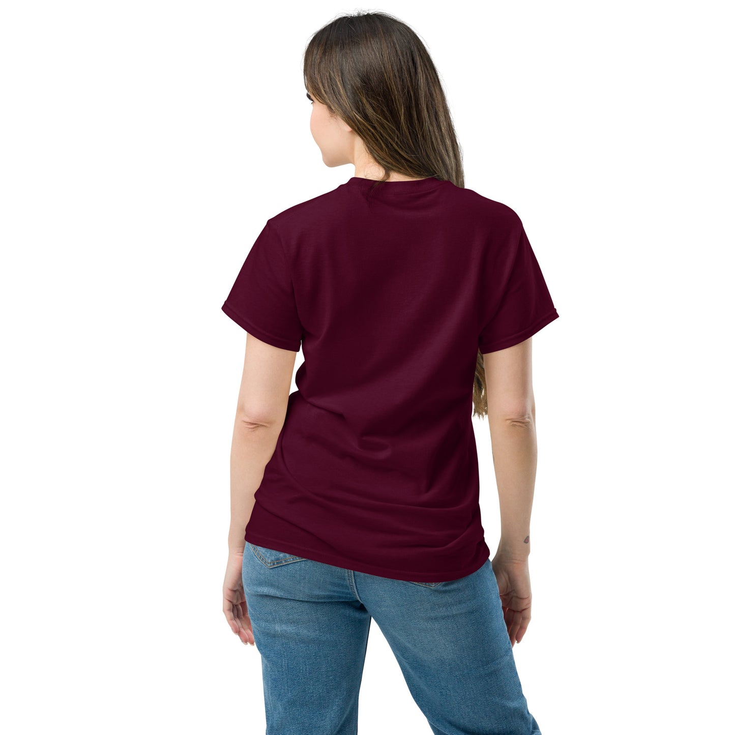 Back view of a women's maroon t-shirt by Wizard Prints Shop.
