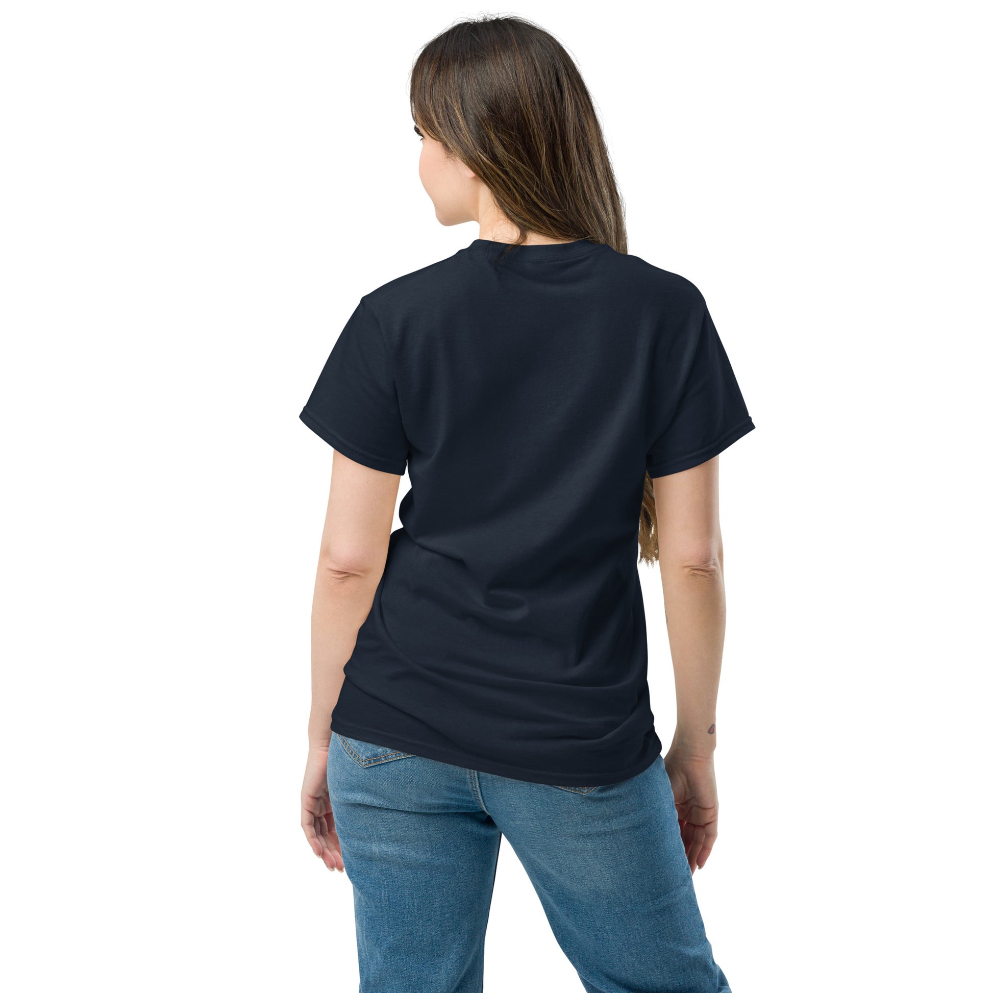 Back view of a men's navy t-shirt by Wizard Prints Shop.