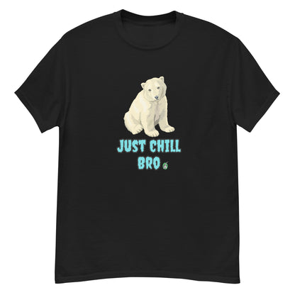 Women's black t-shirt with a printed graphic of a bear with the words, 'Just Chill Bro'. Designed by Wizard Prints.