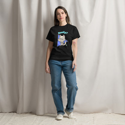 A woman standing wearing a black t-shirt with a printed graphic of a grumpy fox with the word, 'Really?'. Designed by Wizard Prints.