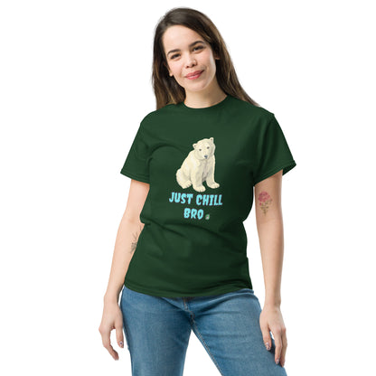 A woman standing and wearing a green t-shirt with a printed graphic of a bear with the words, 'Just Chill Bro'. Designed by Wizard Prints.