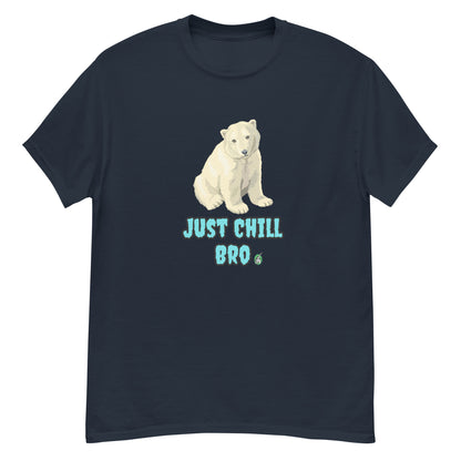 Women's navy t-shirt with a printed graphic of a bear with the words, 'Just Chill Bro'. Designed by Wizard Prints.