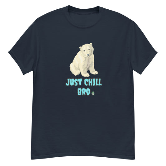 Women's navy t-shirt with a printed graphic of a bear with the words, 'Just Chill Bro'. Designed by Wizard Prints.