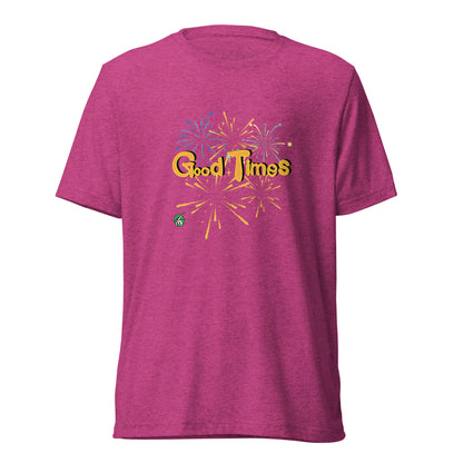 Women's pink tee shirt with a printed graphic of fireworks with the words, Good Times. Designed by Wizard Prints