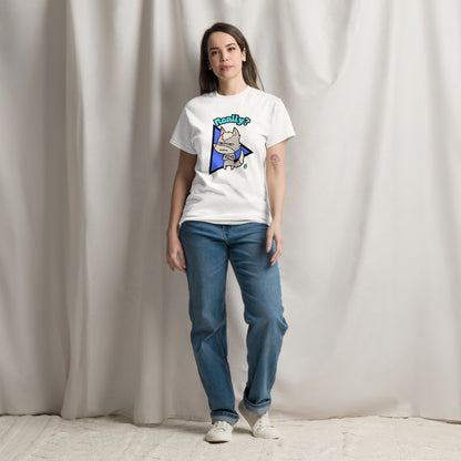 A woman standing wearing a white t-shirt with a printed graphic of a grumpy fox with the word, 'Really?'. Designed by Wizard Prints.