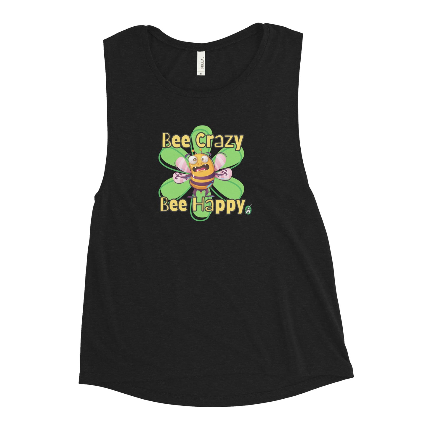 Women's black tank top by Wizard Prints with a printed graphic of a crazy bee and the words, Bee Crazy Bee Happy.