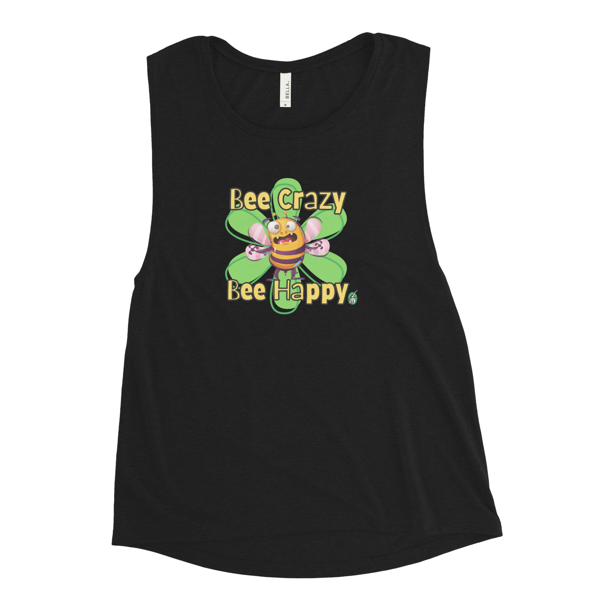 Women's black tank top by Wizard Prints with a printed graphic of a crazy bee and the words, Bee Crazy Bee Happy.