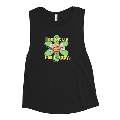 Women's black tank top by Wizard Prints with a printed graphic of a crazy bee and the words, Bee Crazy Bee Happy.