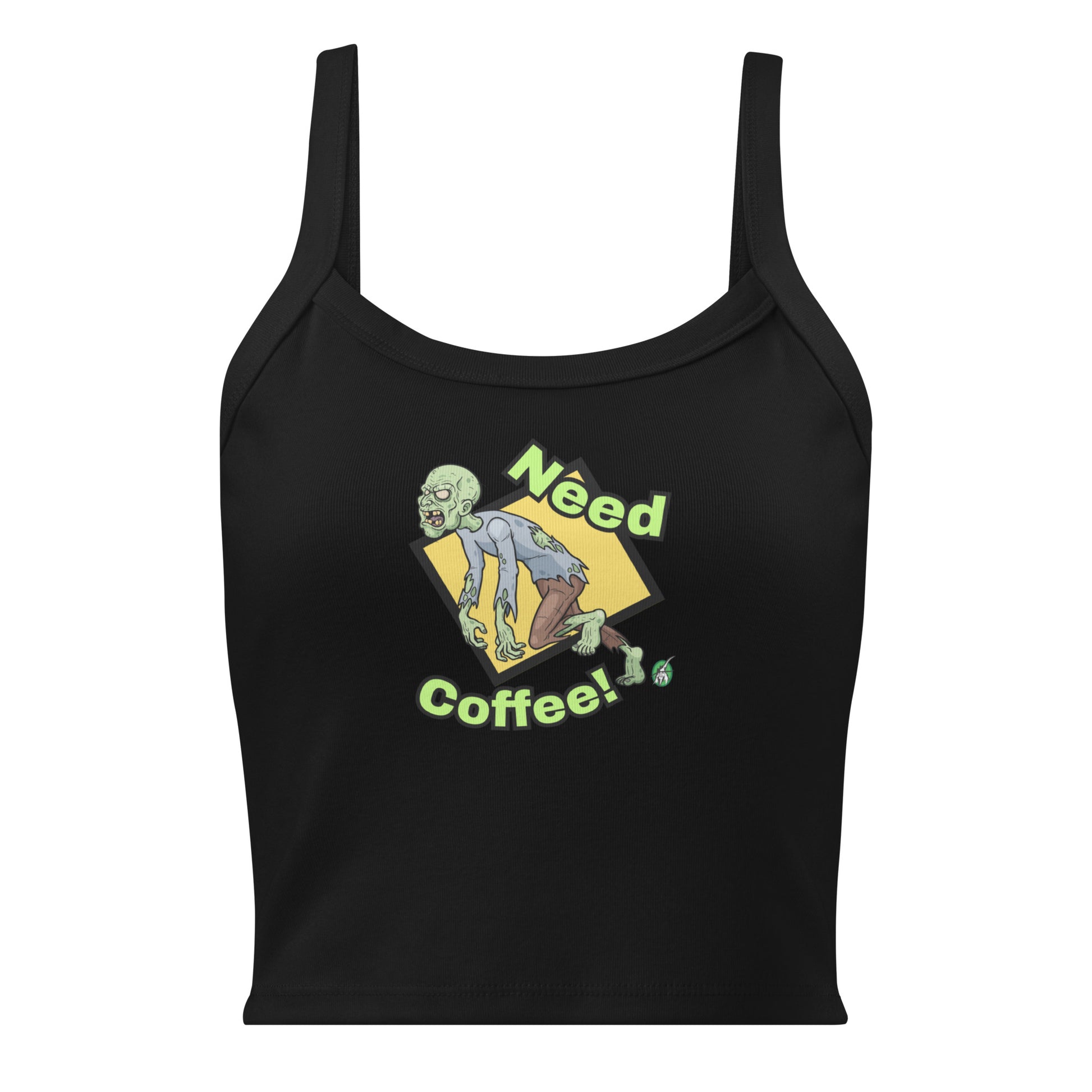 Women's black tank top by Wizard Prints with the printed graphic of a zombie with the words, Need Coffee!