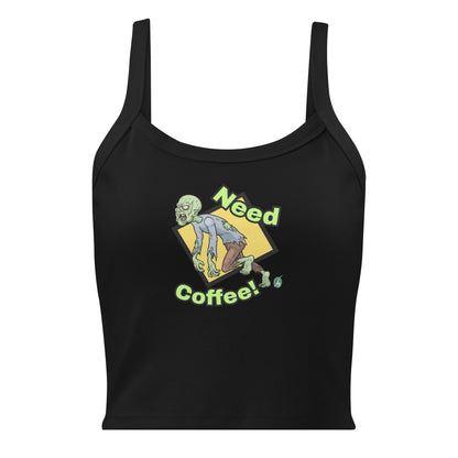 Women's black tank top by Wizard Prints with the printed graphic of a zombie with the words, Need Coffee!