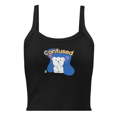 Women's black tank top by Wizard Prints with the printed graphic of a puzzled teddy bear and the word, Confused. 