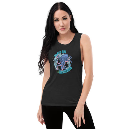 A woman standing wearing a black tank top by Wizard Prints with a printed graphic of a blue octopus and the words, Armed and dangerous.