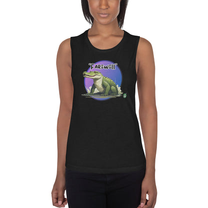 A woman standing wearing a black tank top by Wizard Prints with a printed graphic of a crocodile and the word, Farewell. 