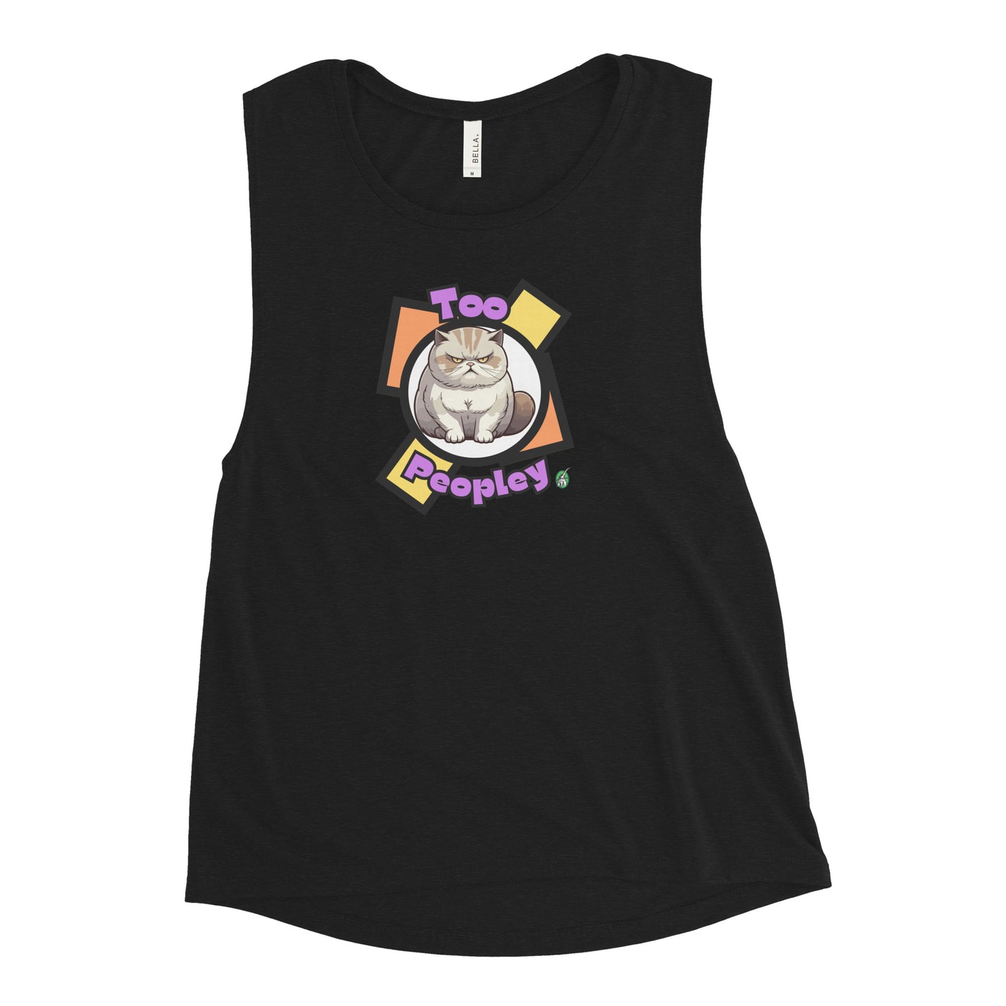 Women's black tank top by Wizard Prints with a printed graphic of a grumpy cat with the words, 'Too Peopley'
