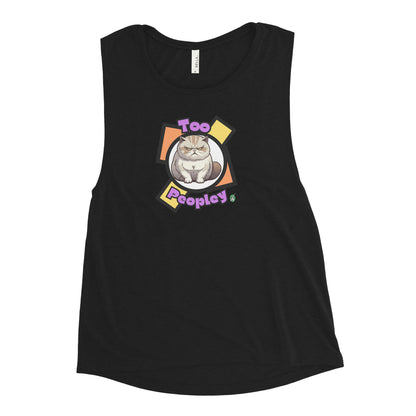 Women's black tank top by Wizard Prints with a printed graphic of a grumpy cat with the words, 'Too Peopley'