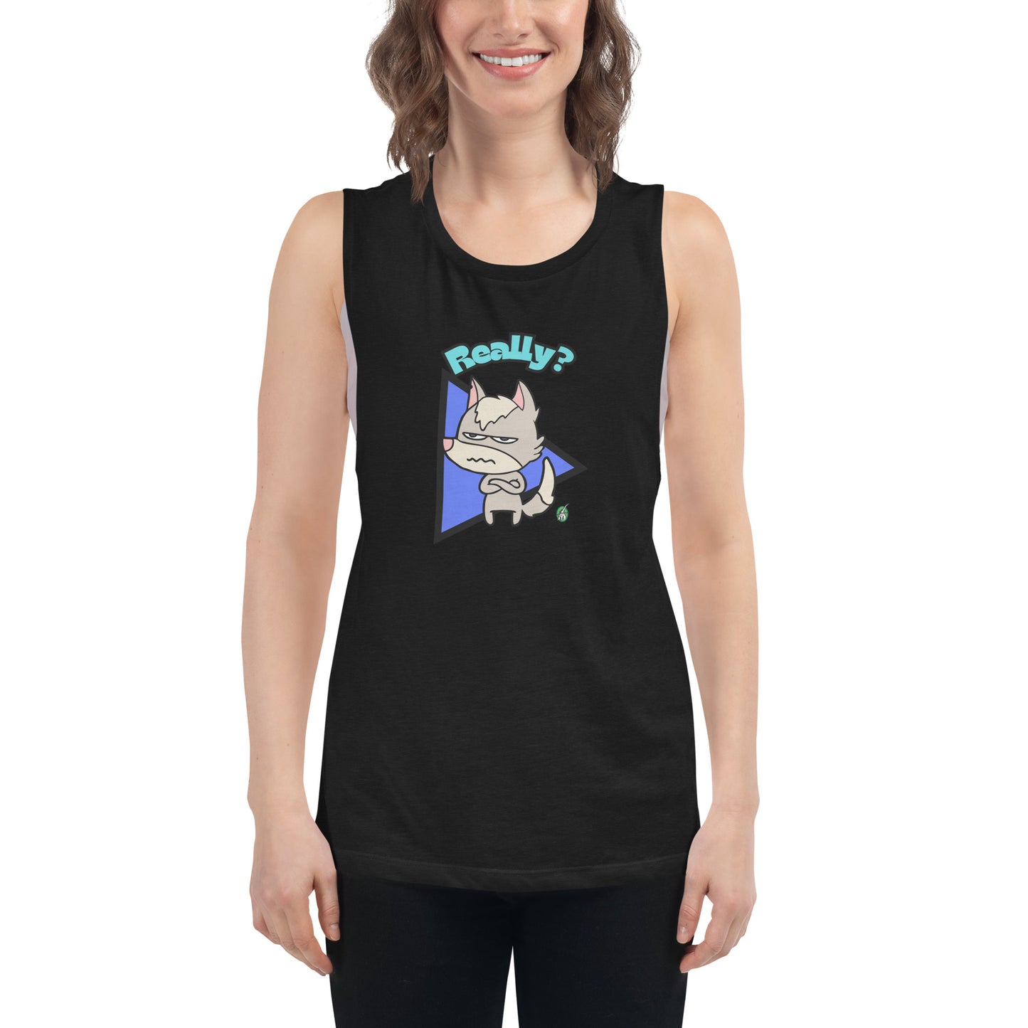 A woman standing wearing a black tank top by Wizard Prints with a printed graphic of a grumpy fox with the word, 'Really?'