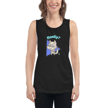 A woman standing wearing a black tank top by Wizard Prints with a printed graphic of a grumpy fox with the word, 'Really?'