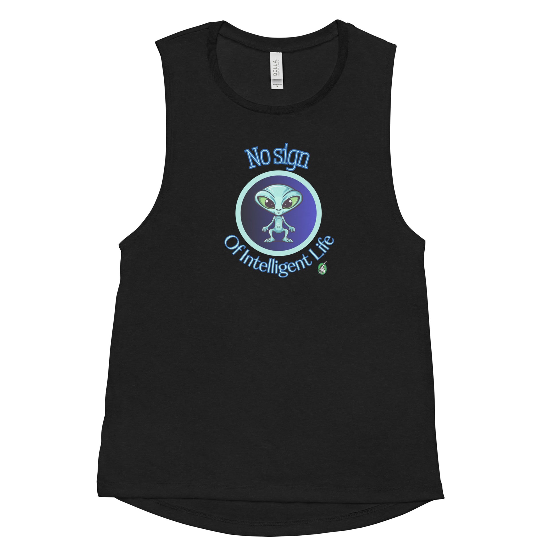 Women's black tank top by Wizard Prints with a printed graphic of a blue alien and the words, No Sign of Intelligent Life.