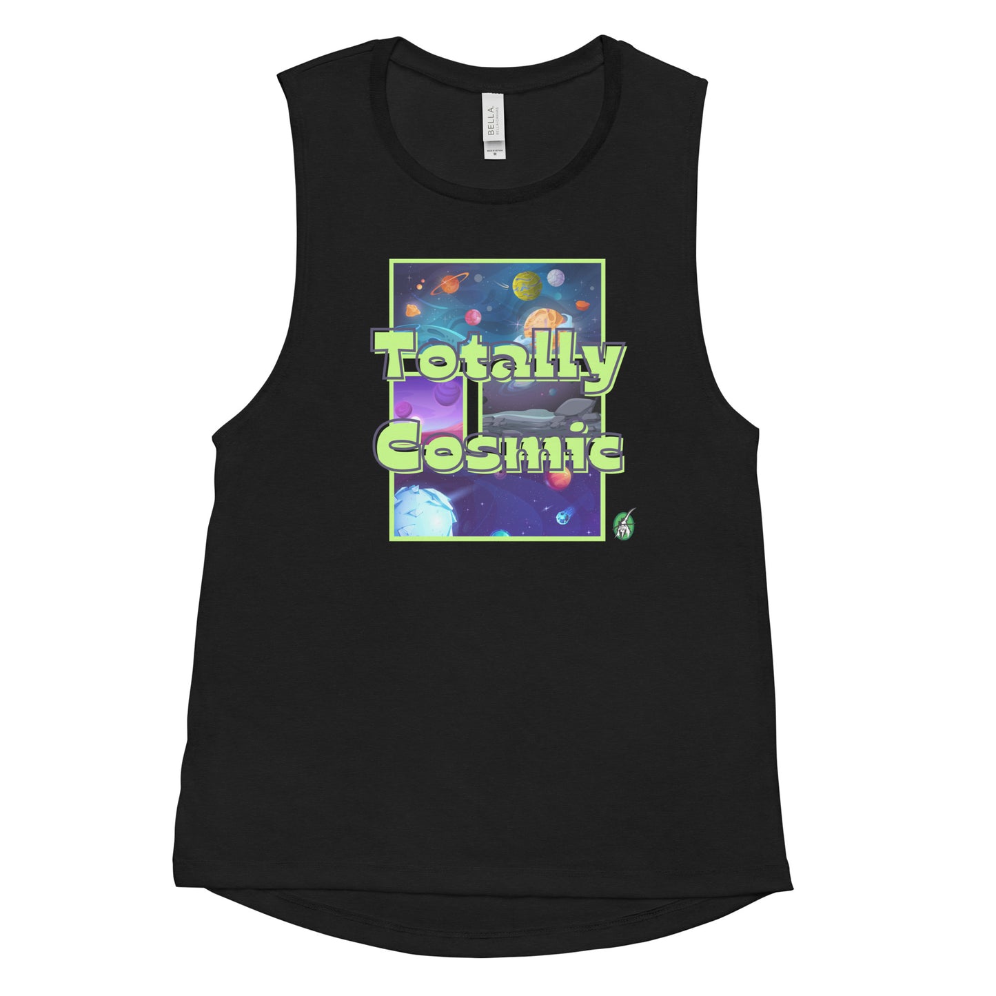 Women's black tank top by Wizard Prints with a printed graphic of colorful planets in the background with the words “Totally Cosmic” on top.