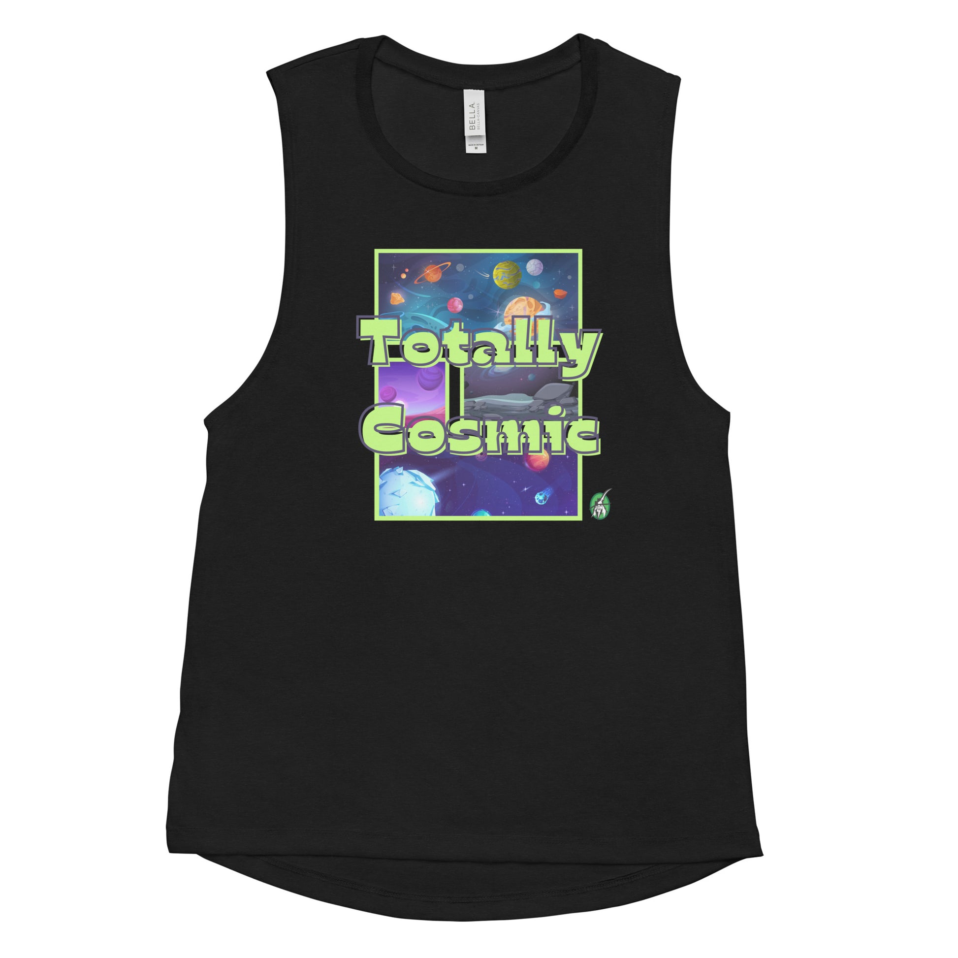 Women's black tank top by Wizard Prints with a printed graphic of colorful planets in the background with the words “Totally Cosmic” on top.