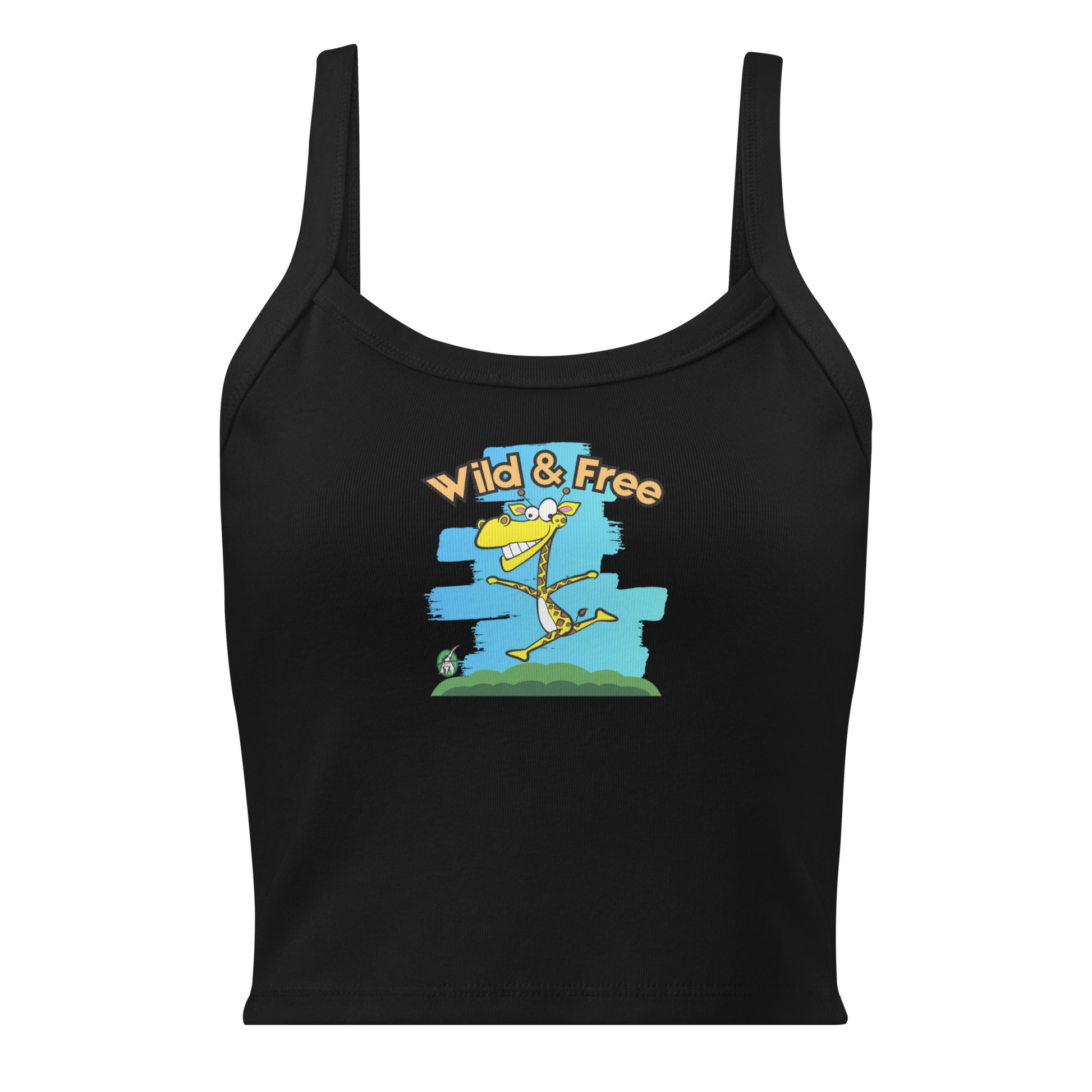 Women's black tank top by Wizard Prints with the printed graphic of a happy running giraffe with the words, Wild & Free.