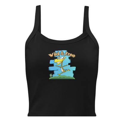 Women's black tank top by Wizard Prints with the printed graphic of a happy running giraffe with the words, Wild & Free.