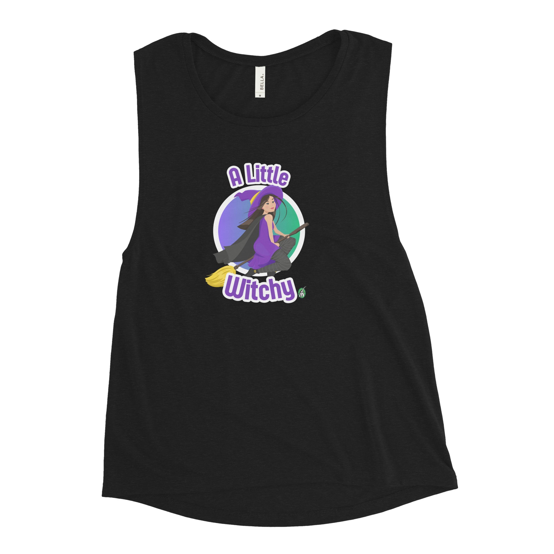 Women's black tank top by Wizard Prints with a printed graphic of a witch riding a flying broom, with the text, A Little Witchy.