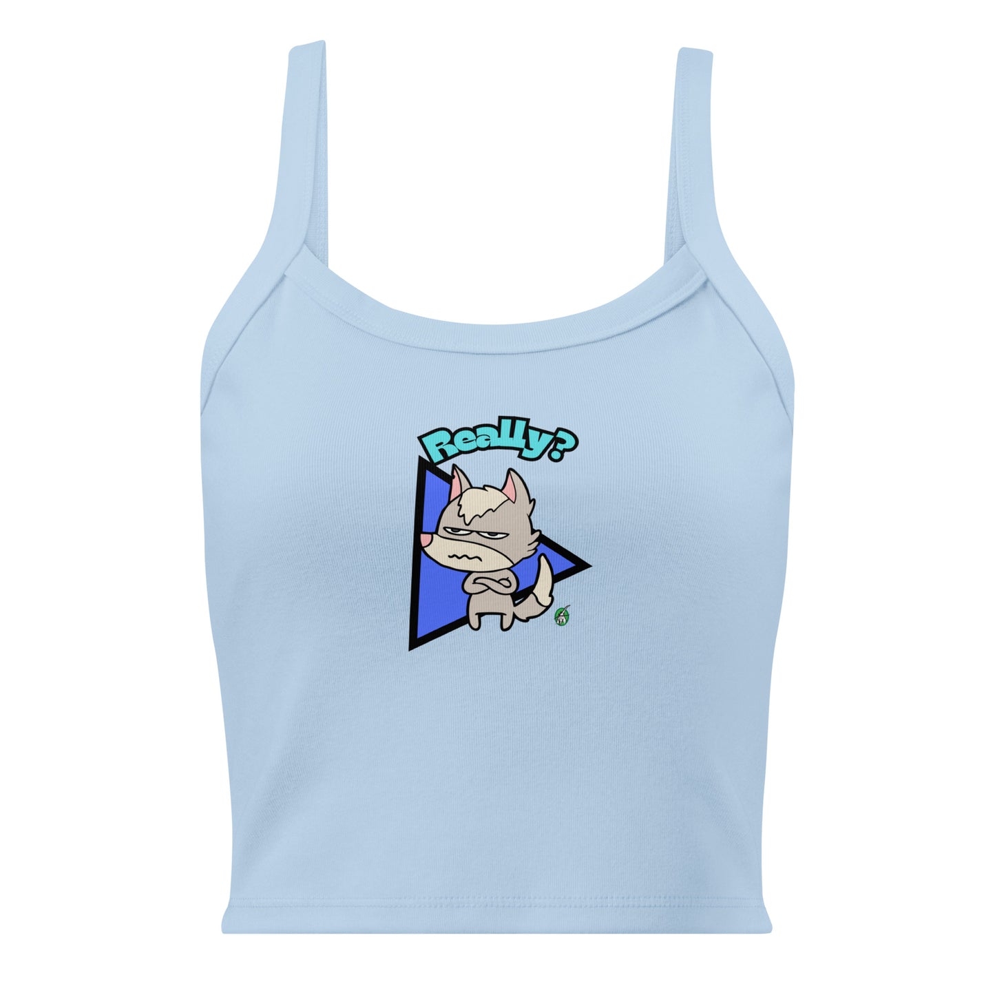Women's blue tank top by Wizard Prints with a printed graphic of a grumpy fox with the word, 'Really?'