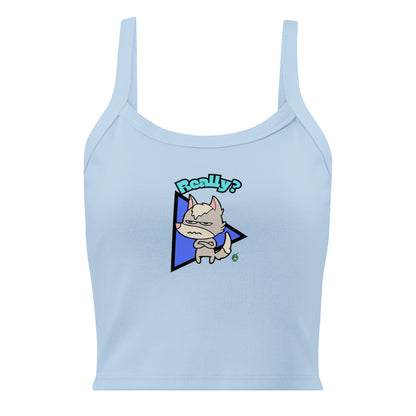 Women's blue tank top by Wizard Prints with a printed graphic of a grumpy fox with the word, 'Really?'
