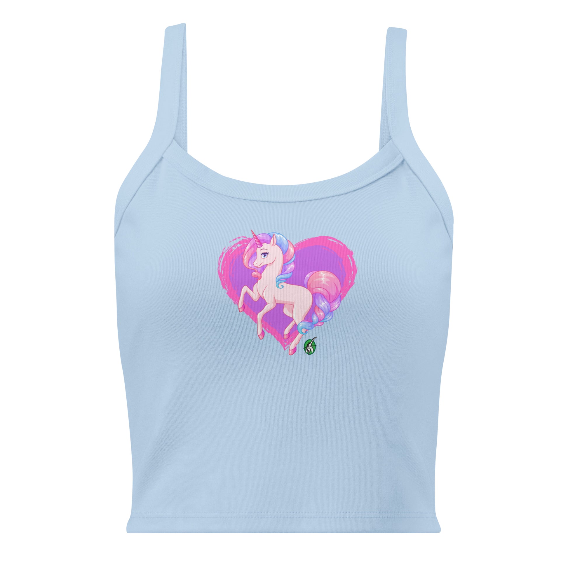 Women's blue tank top by Wizard Prints with the printed graphic of a pink unicorn on a purple heart background.