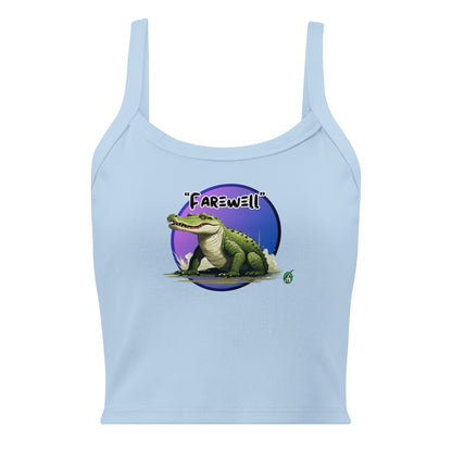 Women's blue tank top by Wizard Prints with a printed graphic of a crocodile and the word, Farewell. 