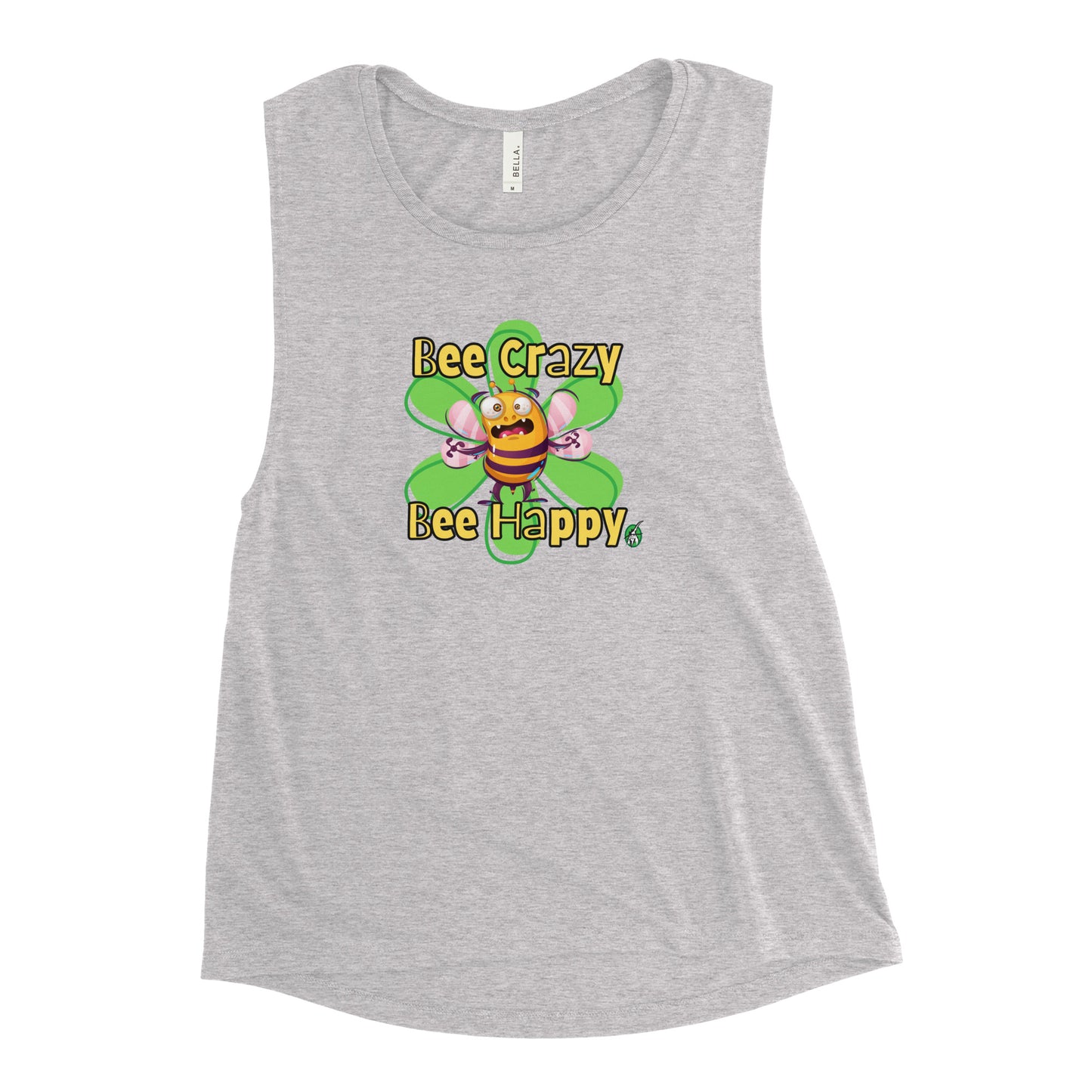 Women's grey tank top by Wizard Prints with a printed graphic of a crazy bee and the words, Bee Crazy Bee Happy.