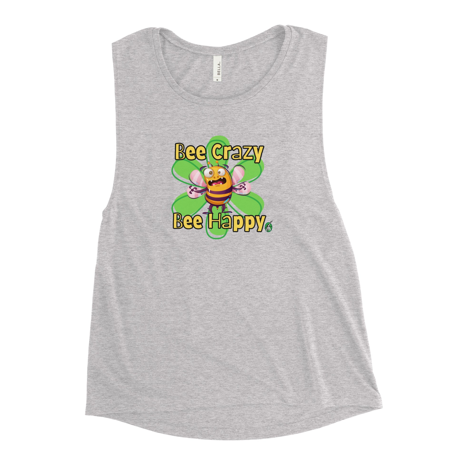 Women's grey tank top by Wizard Prints with a printed graphic of a crazy bee and the words, Bee Crazy Bee Happy.