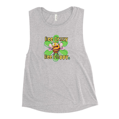 Women's grey tank top by Wizard Prints with a printed graphic of a crazy bee and the words, Bee Crazy Bee Happy.