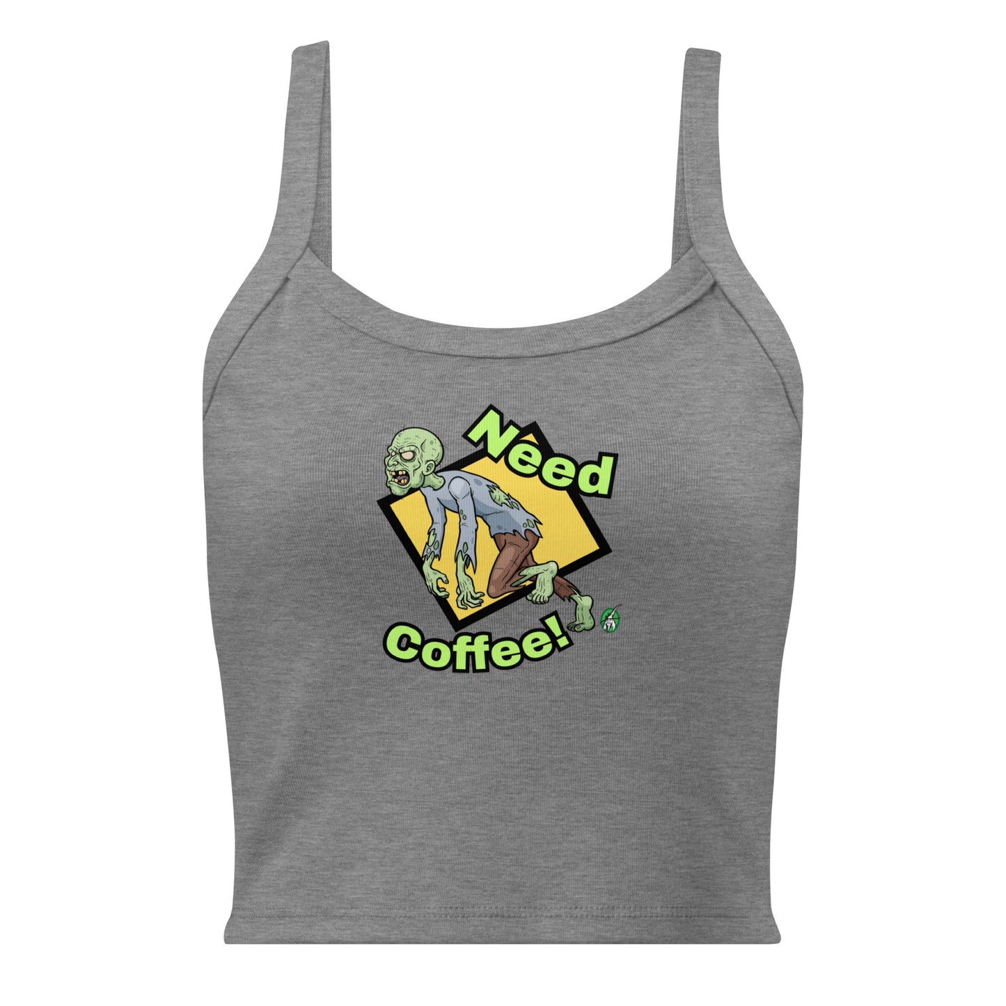 Women's grey tank top by Wizard Prints with the printed graphic of a zombie with the words, Need Coffee!